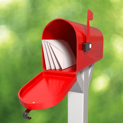 Red mailbox with envelopes and mail inside