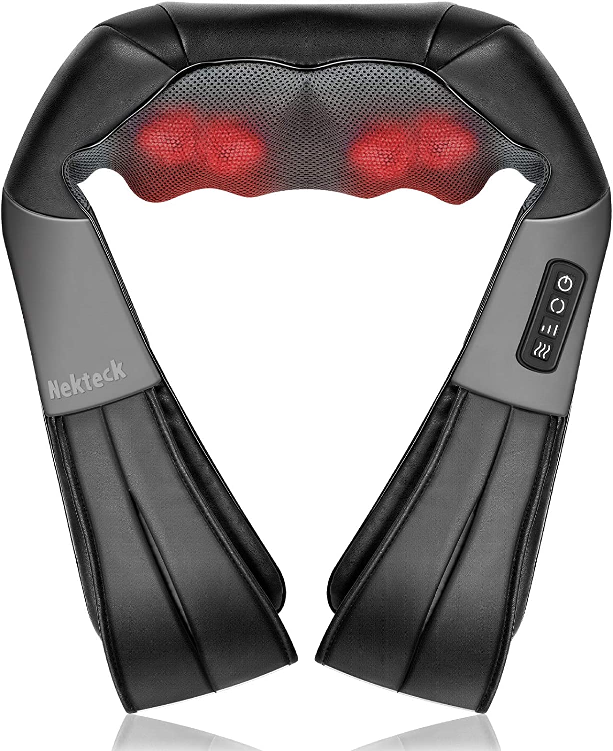 A black Nekteck Shiatsu Heated Electric Neck and Back Massager with red heated kneading massage nodes and four black side buttons