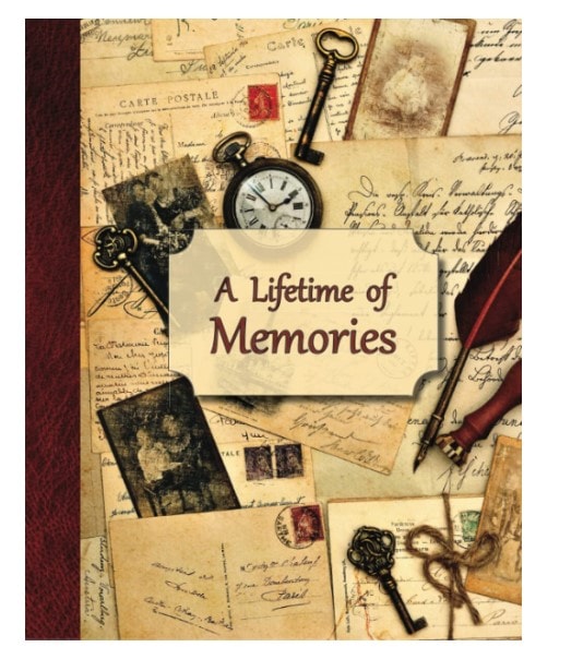 A leather-bound journal with blank pages, adorned with decorative old-style photos of postcards, keys, pocket watches and photographs. There’s text in the middle that reads “A lifetime of Memories”.