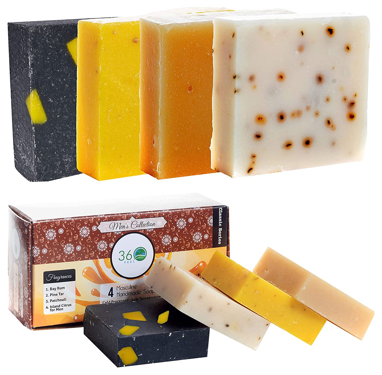A 4-Count Pack of 360Feel Men’s Soap Bars that consist of Pine Tar, Citrus, Charcoal Beeswax, and Patchouli fragrances in blue, yellow, orange, and white colors