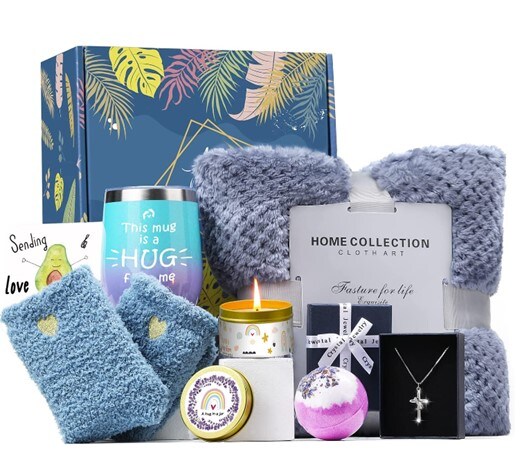 Classy Gift Basket for Women | Cozy Gift Box with Blanket, Socks, & Candle  | Self Care Package for Any Occasion