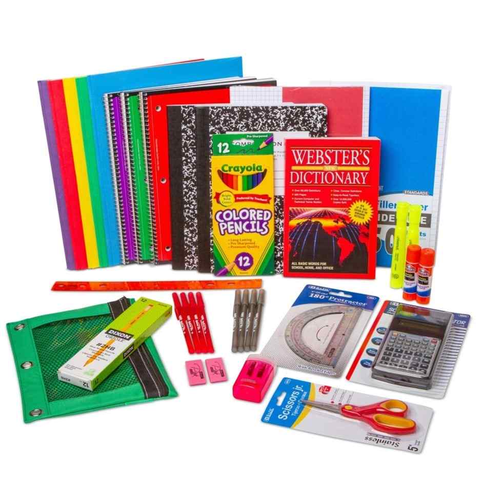 School supplies package containing folders, notebooks, pens, pencils, colored pencils, scissors, a calculator, glue, Webster’s dictionary, etc.
