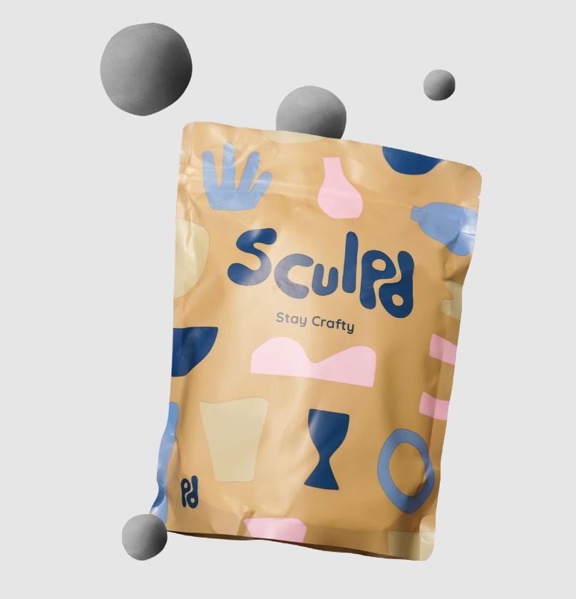 image of brown bag with balls of gray modeling clay from Sculpd