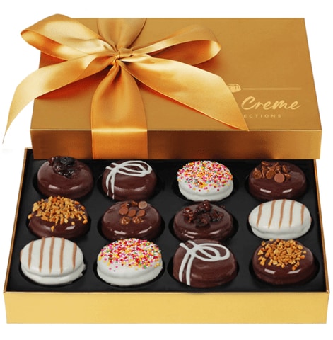 Gold box with ribbon containing 12 premium chocolate cookies
