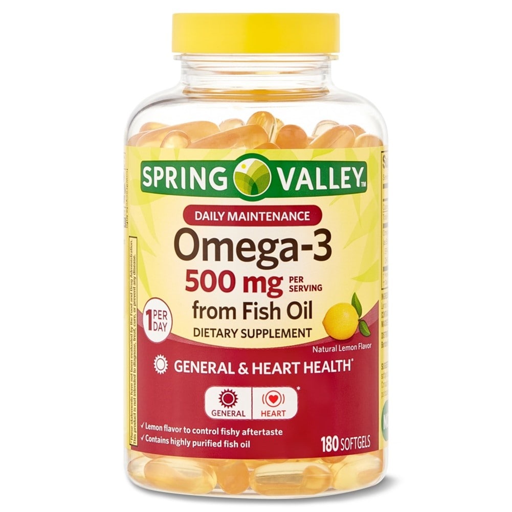 A yellow bottle of 180 Sping Walley Omega-3 fish oil fatty acids with a red label in the middle that reads “General and Heart Health” 
