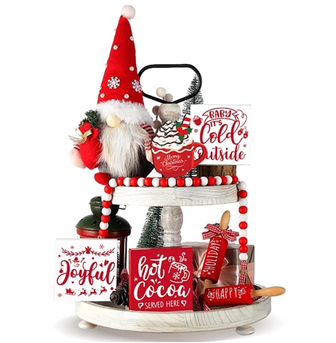 White-and-red 8-piece Christmas tray décor containing wooden signs, rolling pins, small Christmas trees and a Gnome