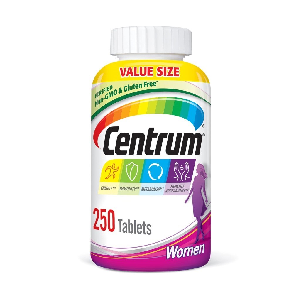 : A colorful bottle of Centrum multivitamins for women that contains 250 tablets