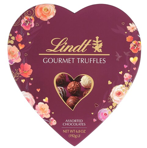 Lindt gourmet truffles dark purple heart-shaped box with rose print on the sides