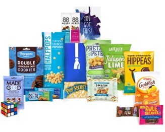 Campus Cube’s vegan and nut-free student care package with chips, chocolate cookies, popcorn, granola bars, etc.
