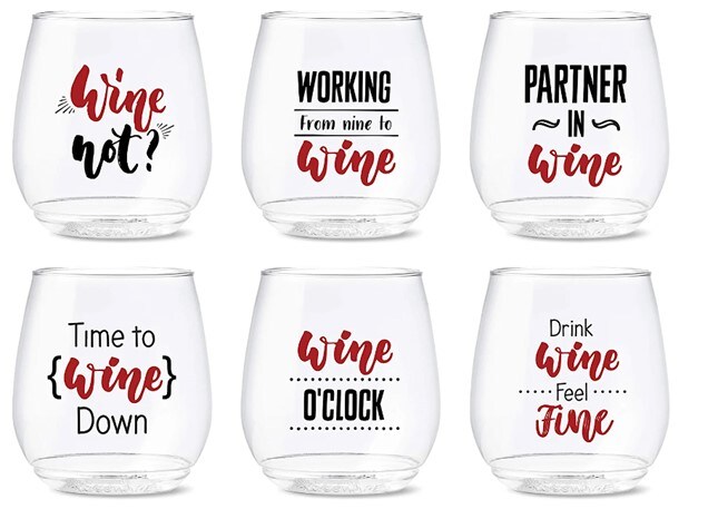 6 14oz wine glasses with different wine-related writings in black and red letters