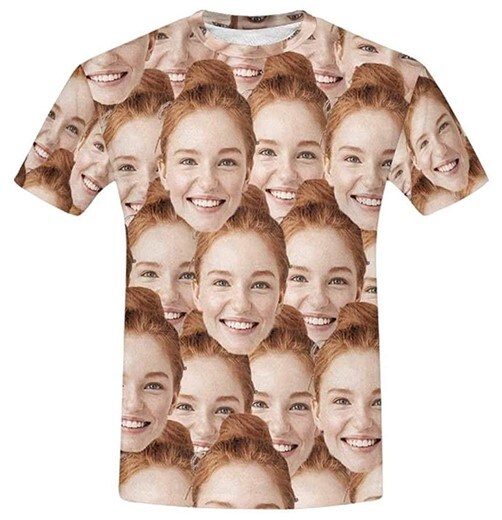 Men’s large t-shirt with a smiling redheaded woman’s face printed all over it