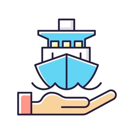 A vector image boat that signifies protection of shipment, displaying a hand holding a blue and white boat