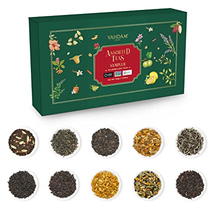A green box of VAHDAM Assorted Loose Leaf Tea Sampler that feature ten tea types