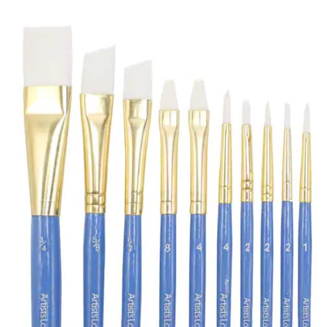 pack of various blue handled paint brushes with white synthetic fibers