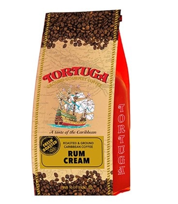 A tan and red 10oz pack of rum cream Tortuga coffee
